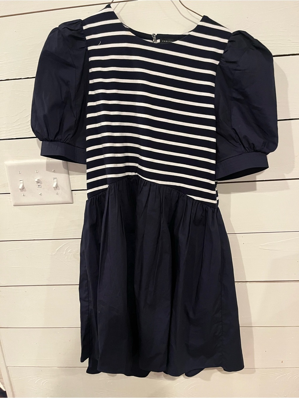 English Factory Navy and White Striped Puff-Sleeve Mini Dress